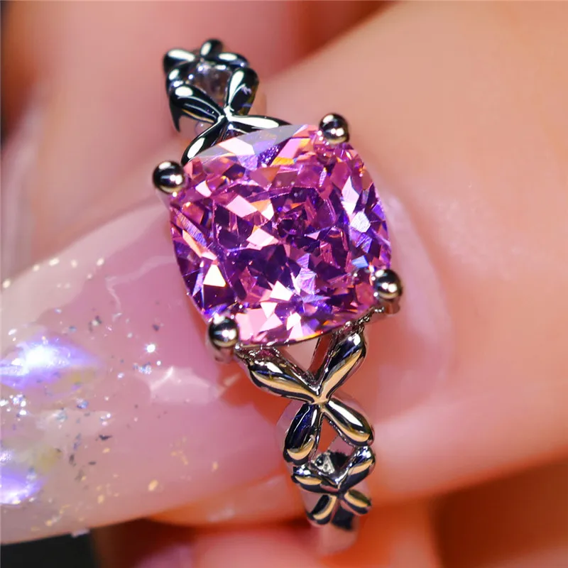 Luxury Female Pink Zircon Stone Ring Trendy Silver Color Cute Wedding Jewelry Gift For Women