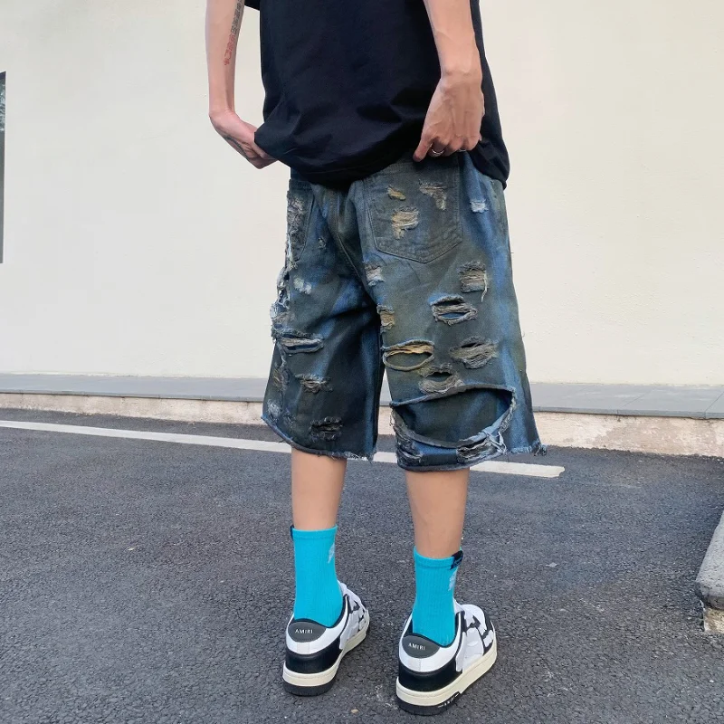 Destroy Ripped Big Holes Spliced Denim Jeans Shorts Hip Hop Loose Short Pant Harajuku Half Baggy Jeans Mens Summer Casual Shorts