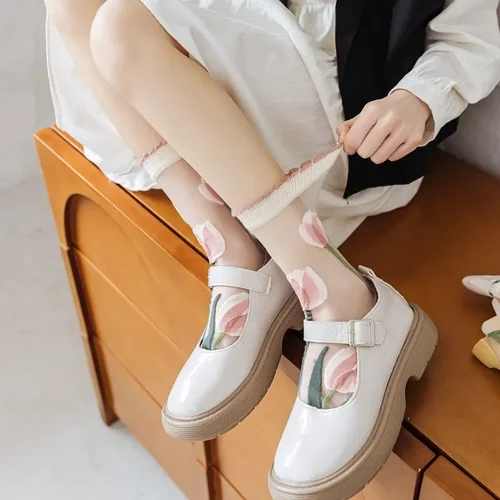 패션 여름 하라주쿠 승무원 양말 울트라 얇은 투명 크리스탈 실크 양말 WomenRetro 꽃 Streetwear 탄성 긴 양말 4