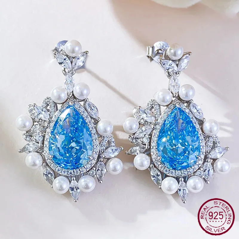 

New S925 Silver Imported Ice Flower Cut 8 * 12 Water Drop Sea Blue Earrings for Women's Fashion Colorful Treasure Earrings