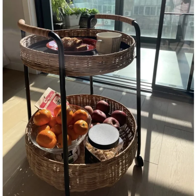 Double Layer Rattan Weaving Coffee Table Living Room Sofa Side Table Metal Black Room Desks Universal Pulley Storage Cart