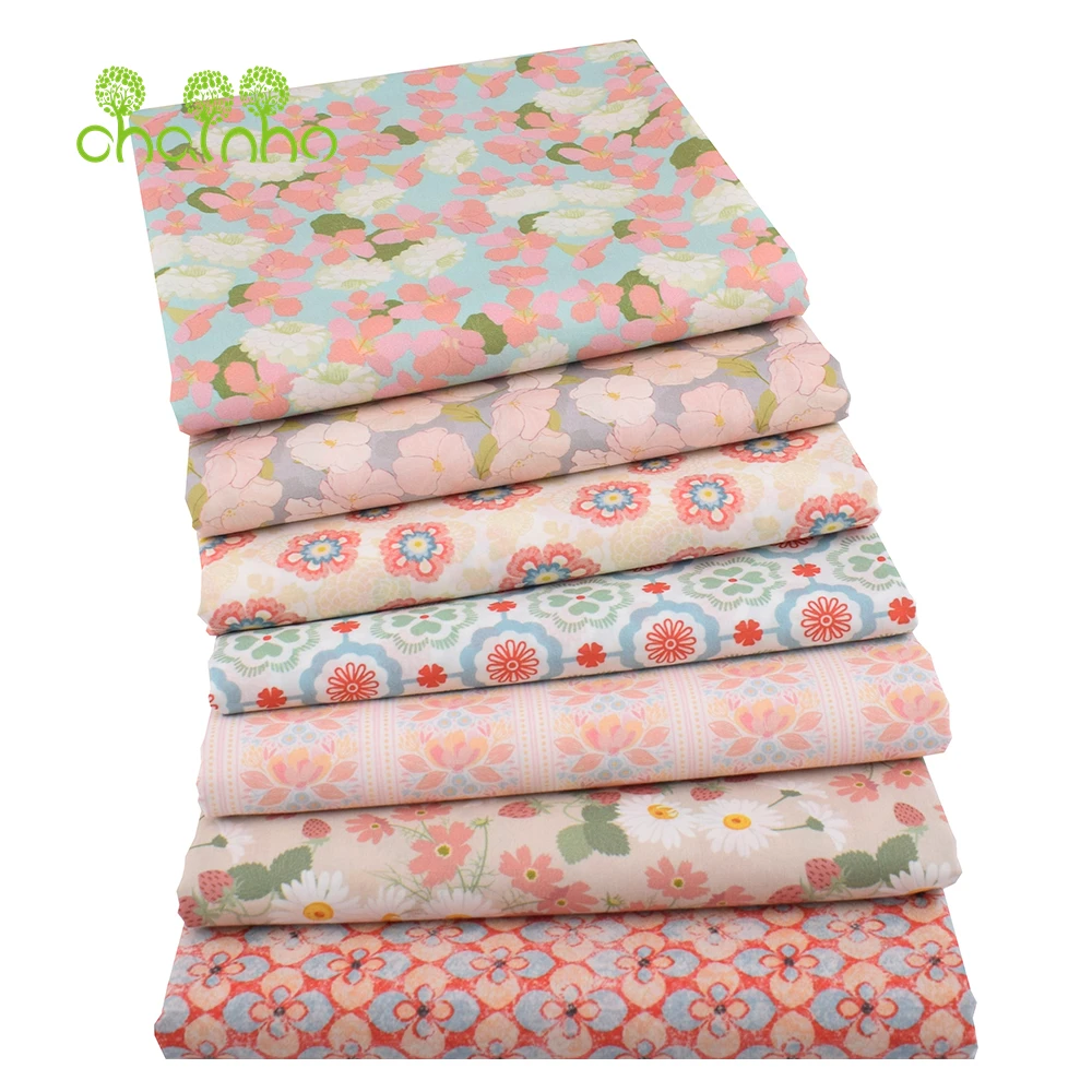 Chainho,Printed Plain Weave Poplin Cotton Fabric,DIY Quilting Sewing Material,Patchwork Cloth,Floral Series,2 Sizes,15PC219