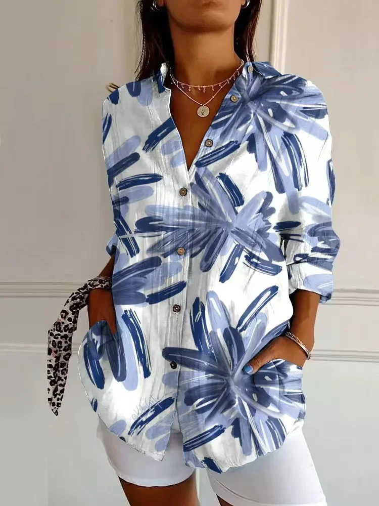 Nuova camicia primaverile e autunnale da donna con risvolto stampato camicia da donna con bevande camicia retrò camicia con bottoni larghi top alla moda 3