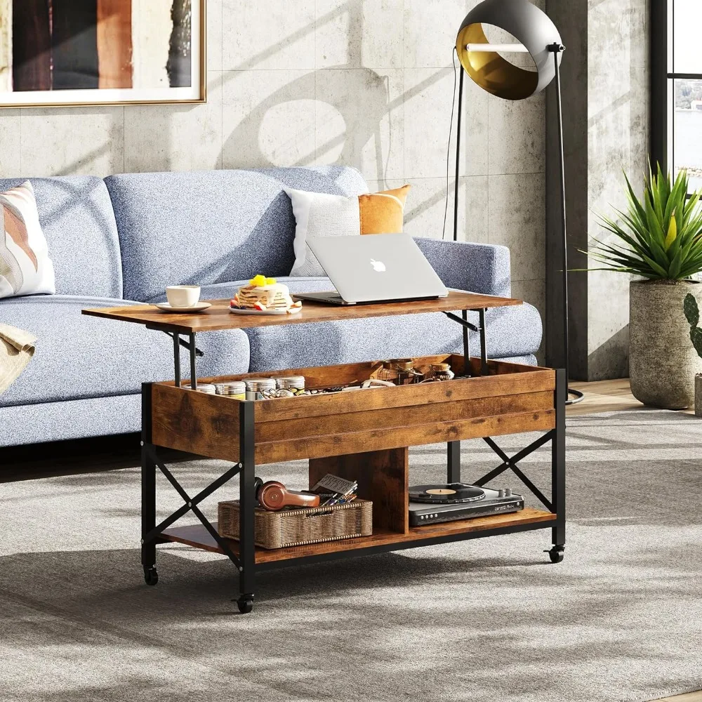

Living room table Coffee table with hidden compartment and metal frame center table with 4 casters Free shipping