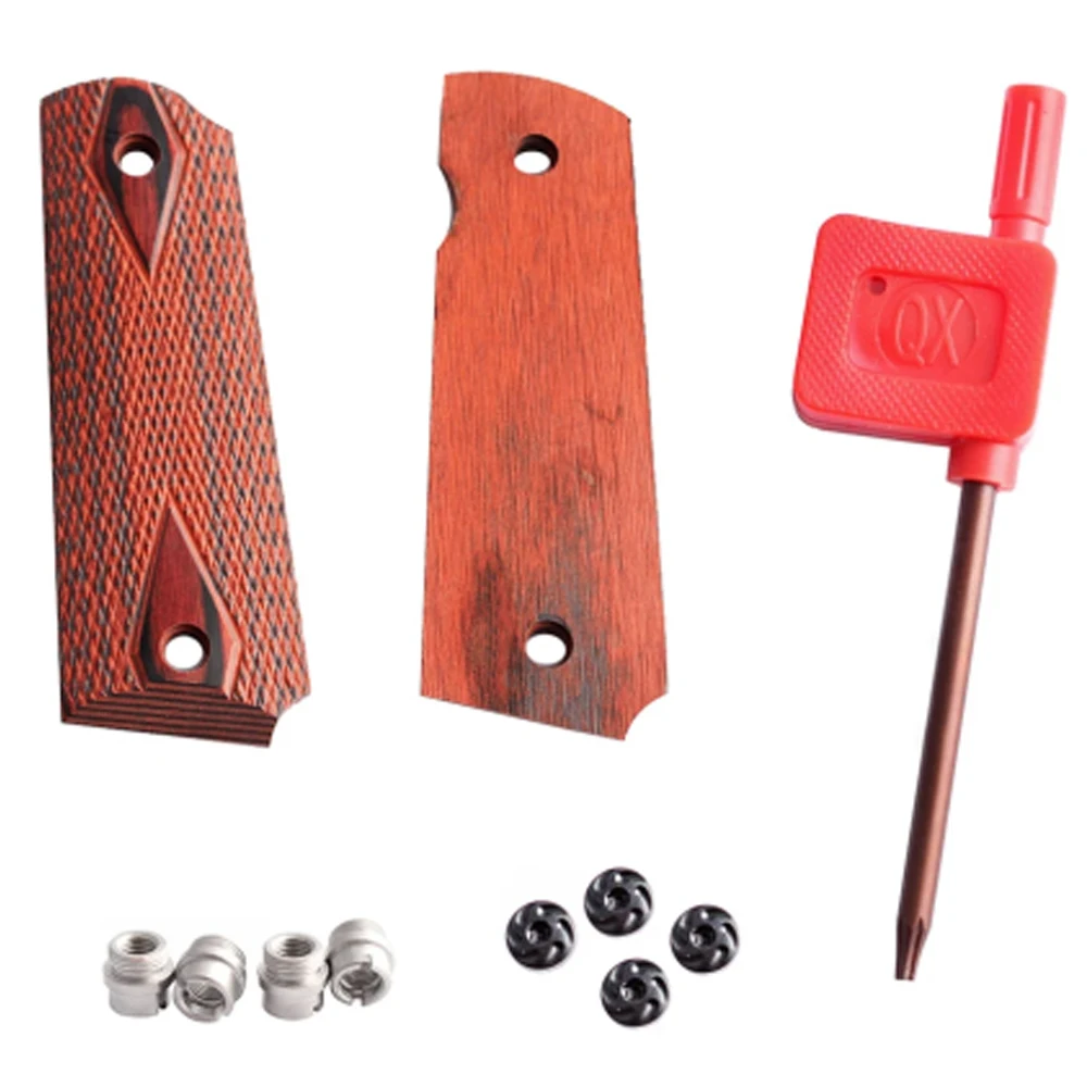 1911 Checkered Wood Grips With Allen Screws & SS Grip Screws Bushings For Tactical hunting