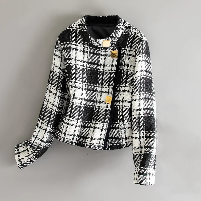 

Korean Black White Plaid Jacket Women's Short Autumn Winter Woolen Ladies All-match Houndstooth Woven Tweed Coat Jackets