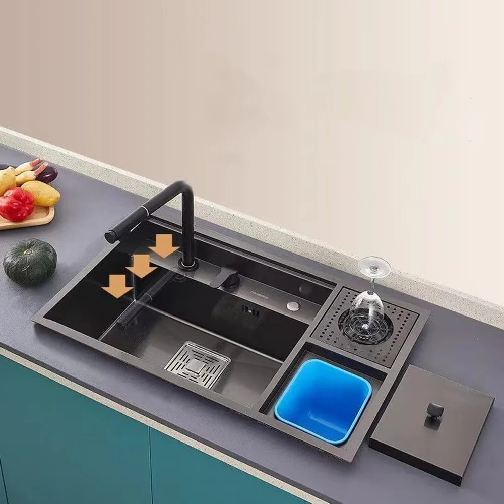 78x46cm Nano Hidden Kitchen Sink 304 Stainless Steel Cup Washer Household Washing Vegetable Basin With Trash Can