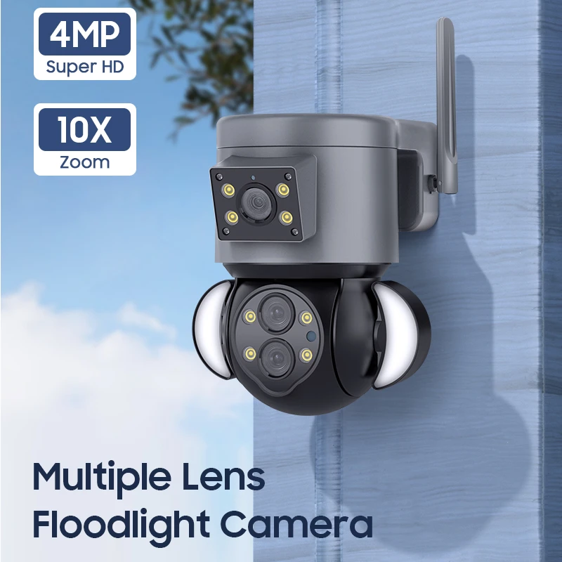 WIFI Dual Lens Camera Smart Floodlight Camera 10X Optical Zoom 4MP Lighting Gun Ball Linkage Surveillance IP Camera Waterproof