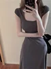 Hebe Sle Square Collar ort Sve A-Line Dr Women Summer Slimming High Waist Knee-Length Dr Pure Color Polyester Fiber