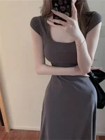 Hebe Sle Square Collar ort Sve A-Line Dr Women Summer Slimming High Waist Knee-Length Dr Pure Color Polyester Fiber