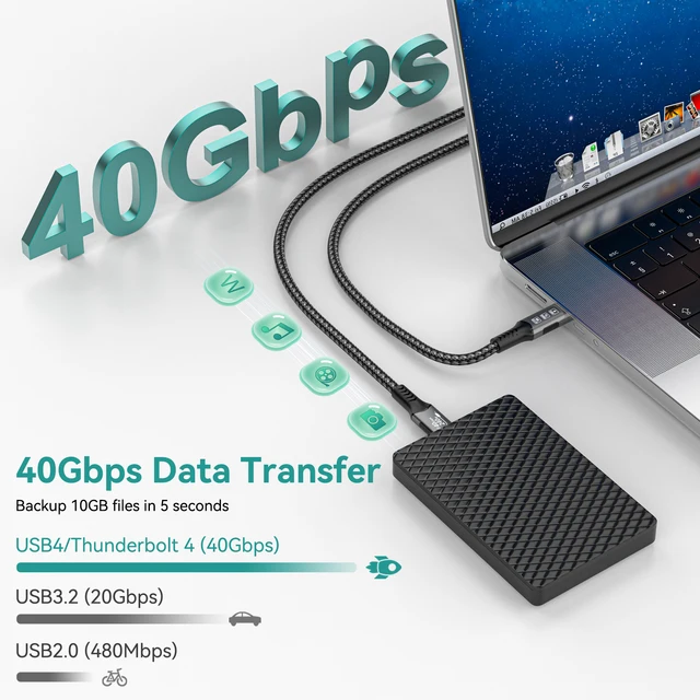 Cable USB4 40Gbps 48V 240W para Thunderbolt 4 tipo C Cable de carga rápida Thunderbolt3 USB C a C Cable de transferencia de datos para ordenador portátil 5