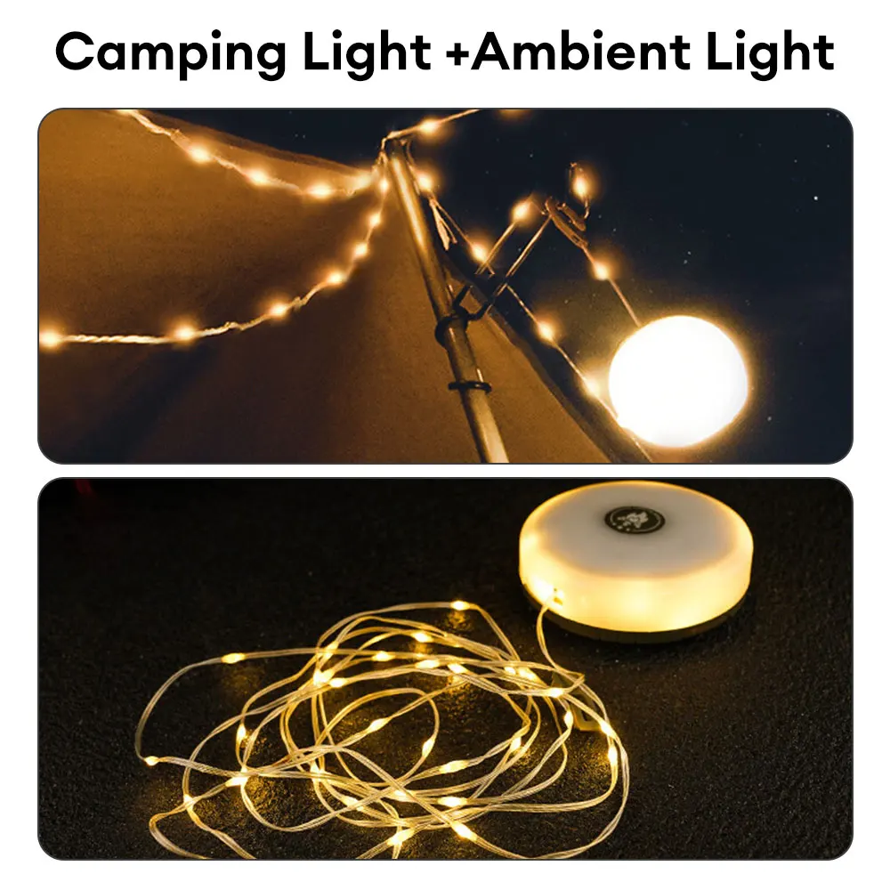 USB Rechargeable Camping Light Outdoor Tent Light XTE LED Flashlight with Magnet Hook 10 Meter Light Strip (warm Light+RGB)