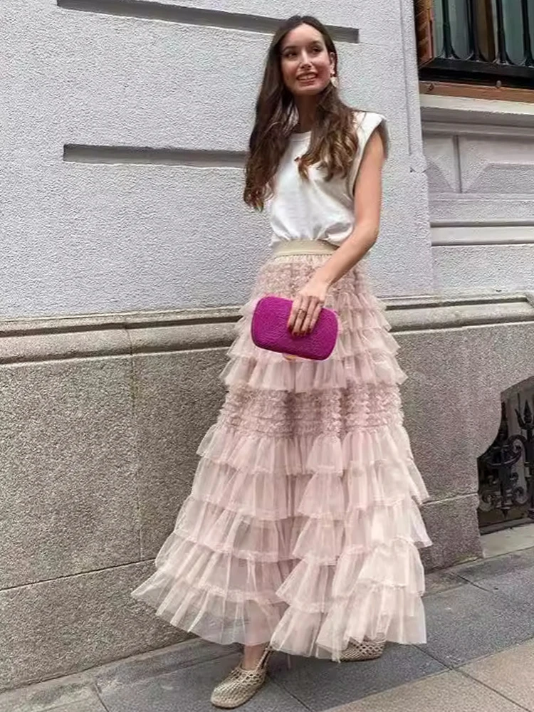 WDPL Women's Long Tutu Floor Length Maxi Skirt - Ruffled Tulle, Special Occasion & Night Out (X-Small, Blush Pink) - View #14