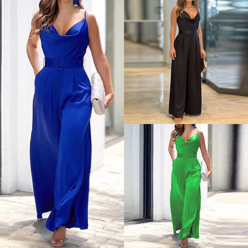 

Summer Women's New Sexy Solid Color Sleeveless Layup Collar High Waist Slim Fit Casual Splice Wide Leg Sling Jumpsuit