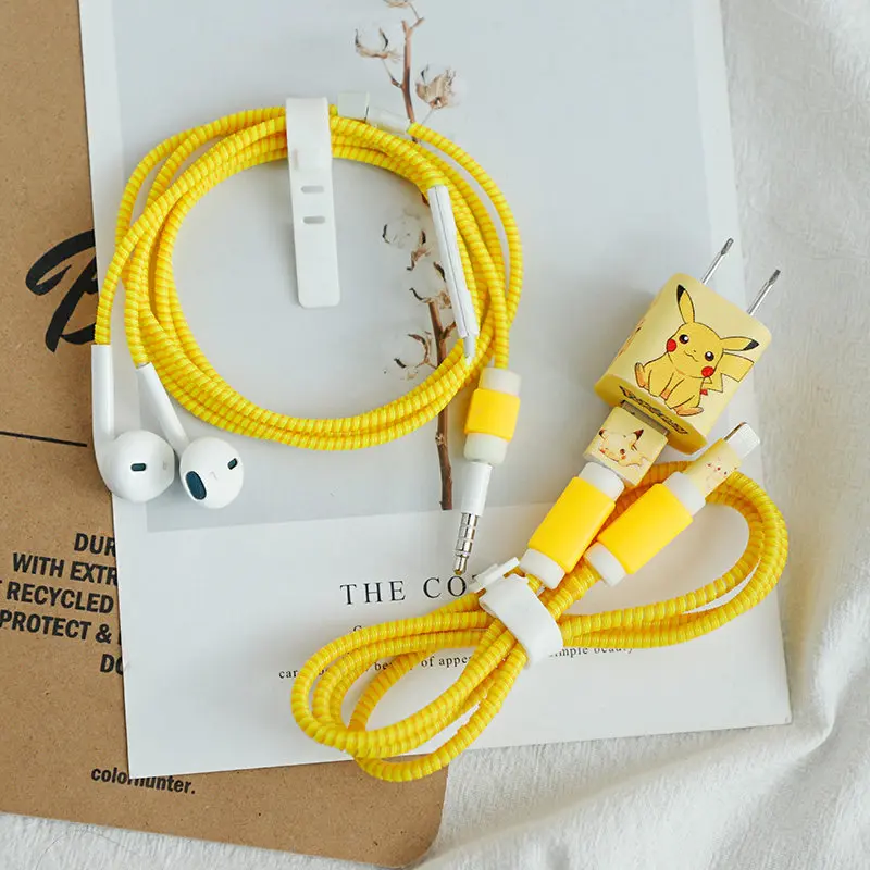 Pokemon Pikachu Winder Set Illustrazione Anime Cartoon Kawai Charger Usb Sticker Iphone Data Cable Custodia Protettiva