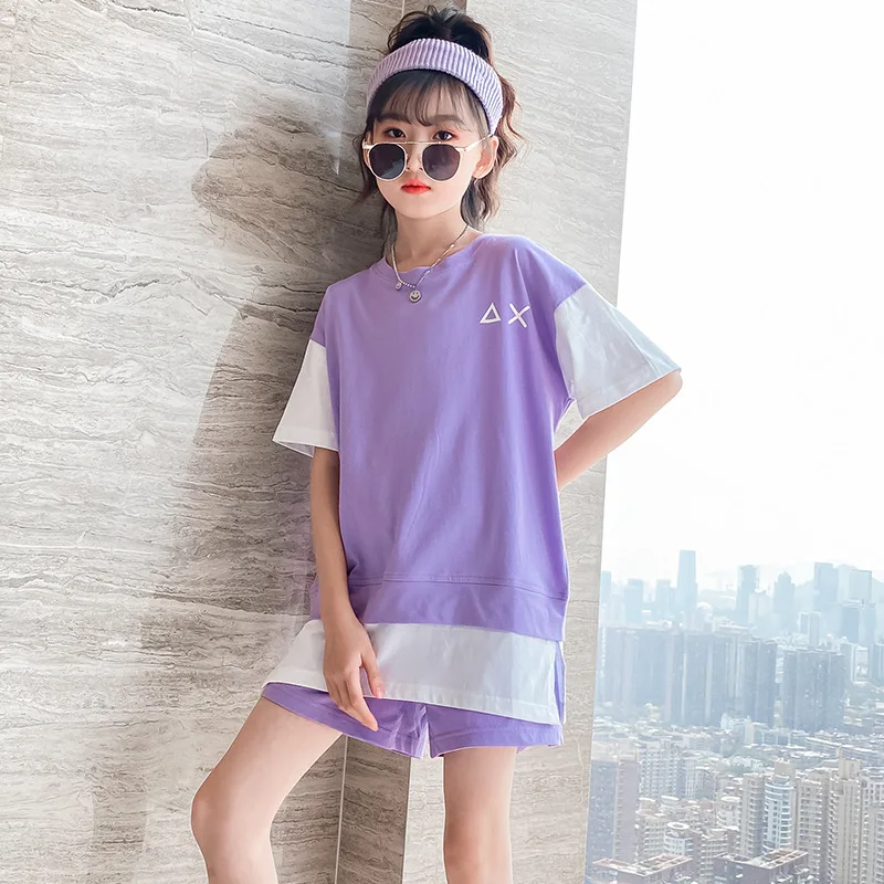 

New Teen Girl Summer Suit Baby Short Sleeve Top +shorts 2pc Girls Outfits Loose Kids Sportswear Casual Children Clothing Sets 9Y