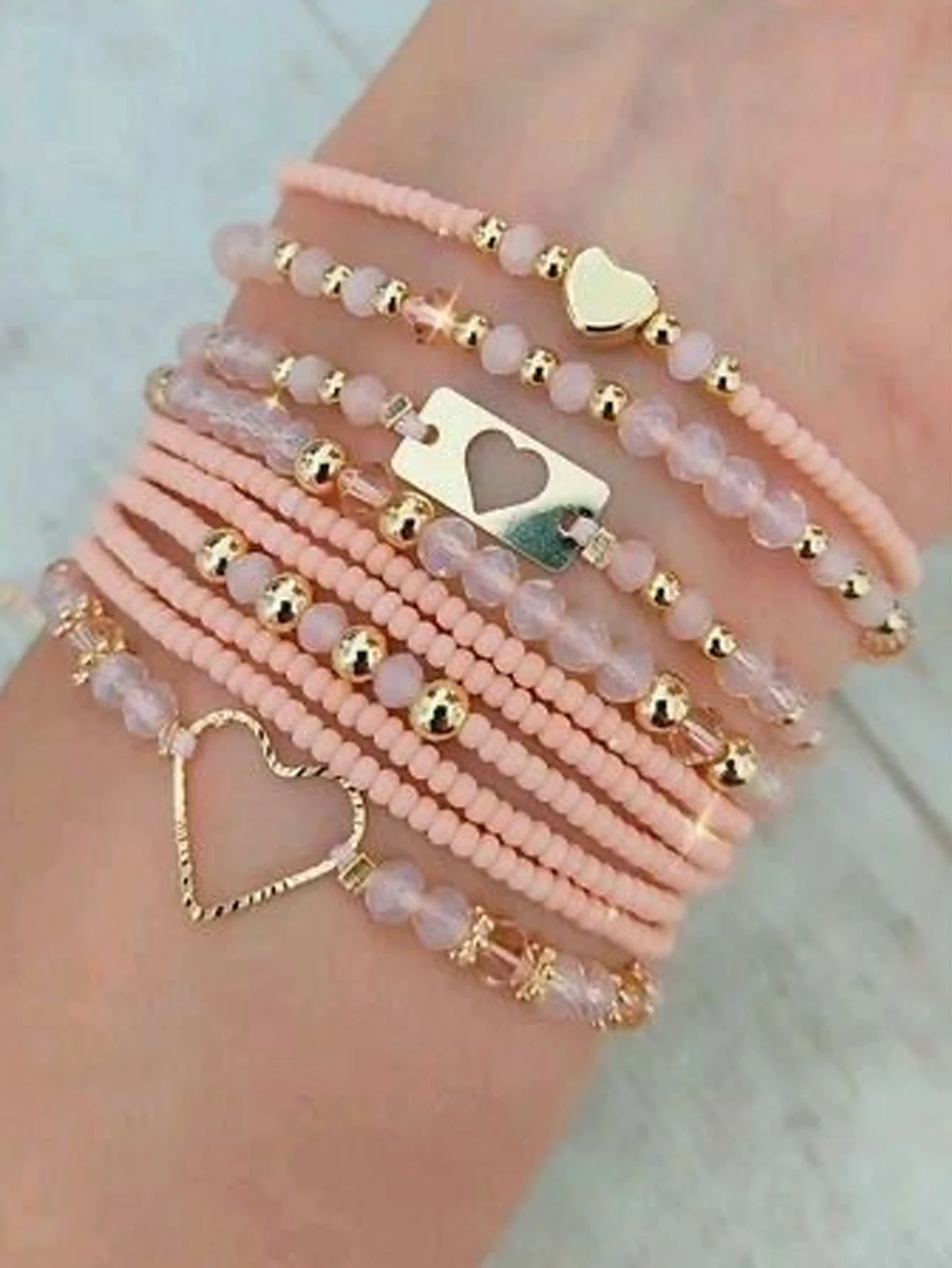8PCS Pink Bead Bracelet Set for Women