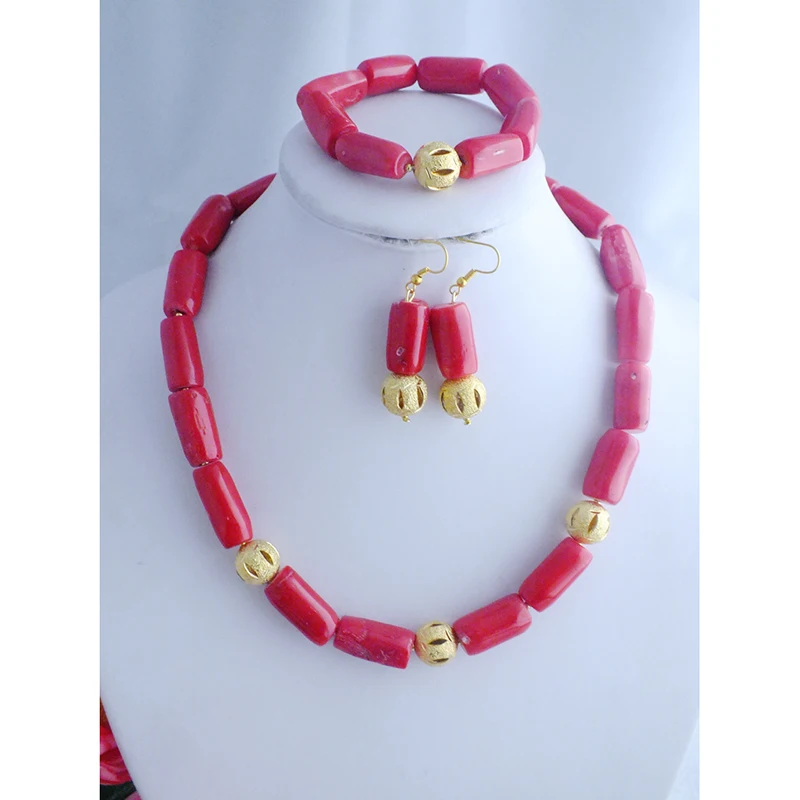 

Amazing Red Coral Beads Jewelry Sets Wedding African Nigerian Artificial Necklace Sets 20"