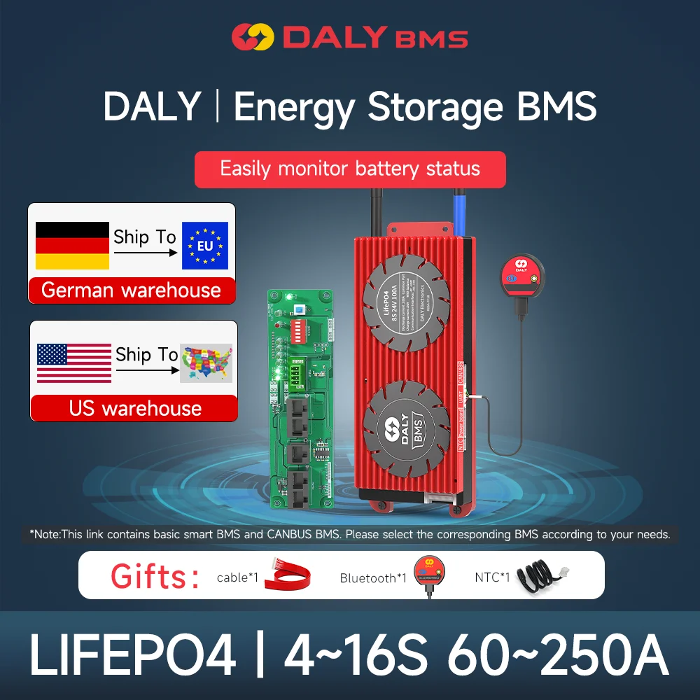 Daly Smart BMS Lifepo4 CAN 1A Active Balance 4S 12V 8S 24V 16S 48V 100A