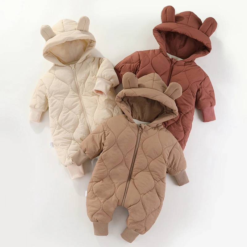 Winter Newborn Clothes Baby Jumpsuit Plush Thickened Baby Hooded Jacket For Outdoor Warmth Boys Girls Jumpsuits