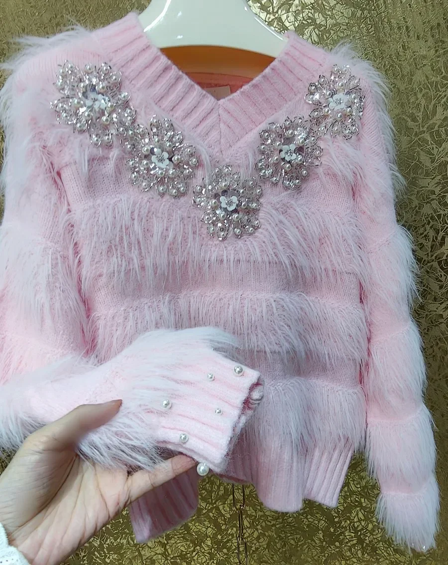 Luxury 3D Flowers Rhinestones Embroidery Mohair Pullovers V