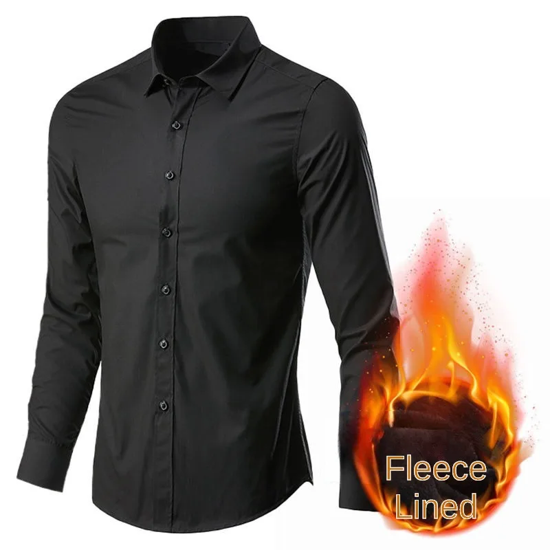 

2022 New Men's Shirt Plush Warm Business Formal Long Sleeve Bottomed Polyester Autumn Solid Color Top