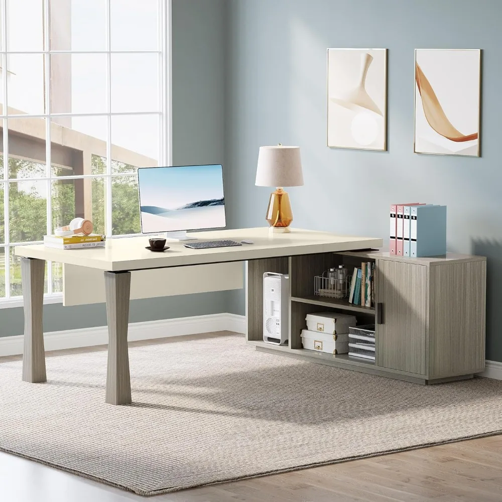 71-Inch Executive Desk, L-Shaped Desk with Cabinet, Large Office Desk with Storage Shelves, Writing Table Desk Business Furnitu 4