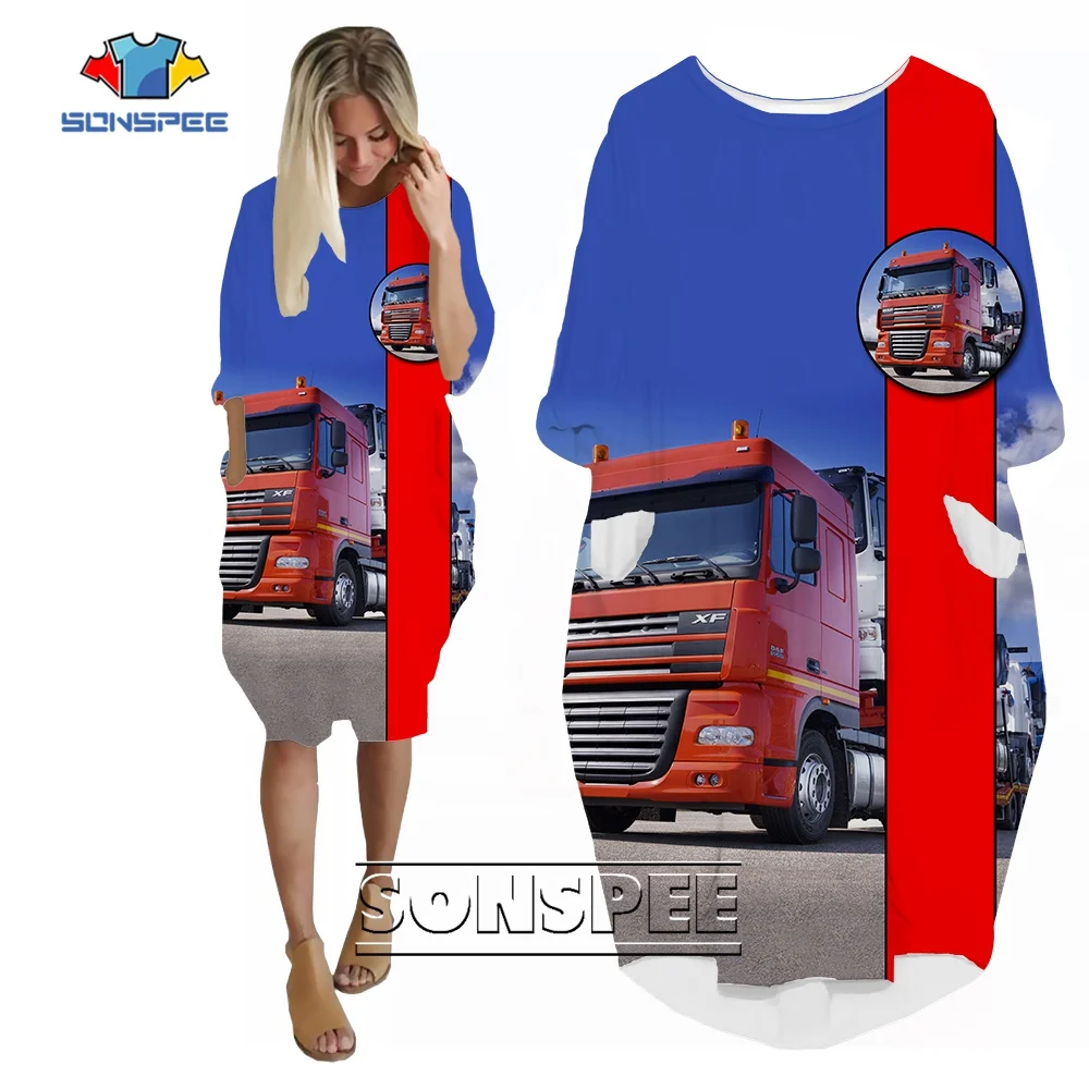 

SONSPEE Street Heavy Truck 3D Printed Dress Long Sleeve Skirt Women Punk Style Retro Mechanical Hip-hop Street Personality Robe