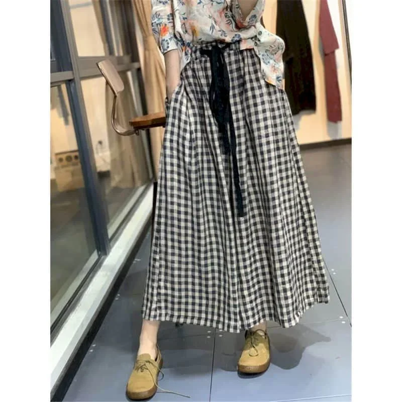 100% Cotton Linen Pants Women Plaid Loose Casual Baggy Pants Oversized Vintage Korean Fashion Trousers Clothes Wide Leg Pants