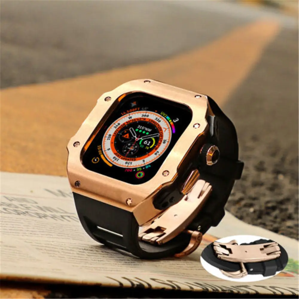 Custodia Premium In Acciaio Inossidabile + Cinturino In Fluorurubber Ap Mod Kit Set Per Apple Watch Ultra 49Mm