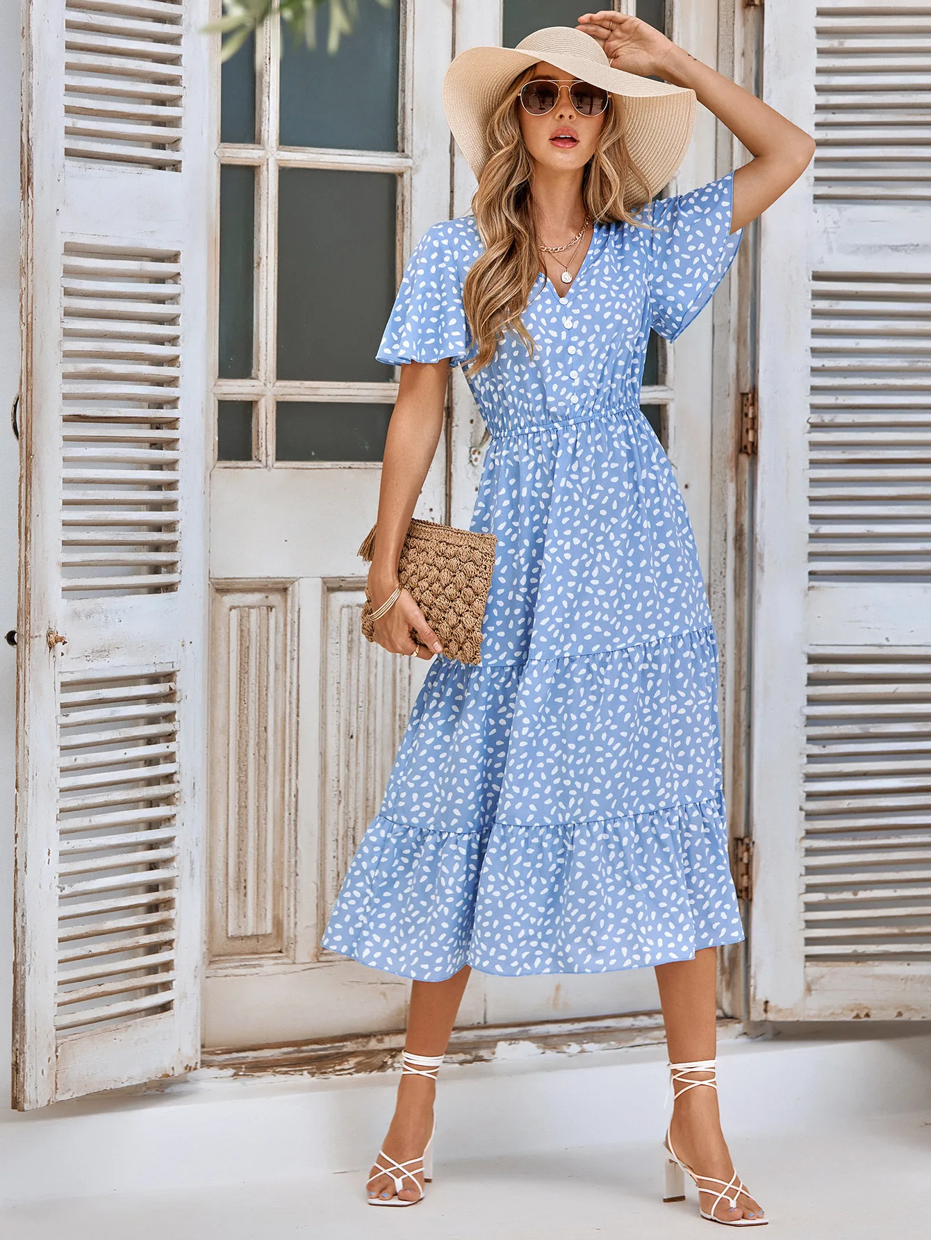 Black Contrast Leopard Frilled Trim V Neck Bracelet Sleeve Midi Dress main image 0