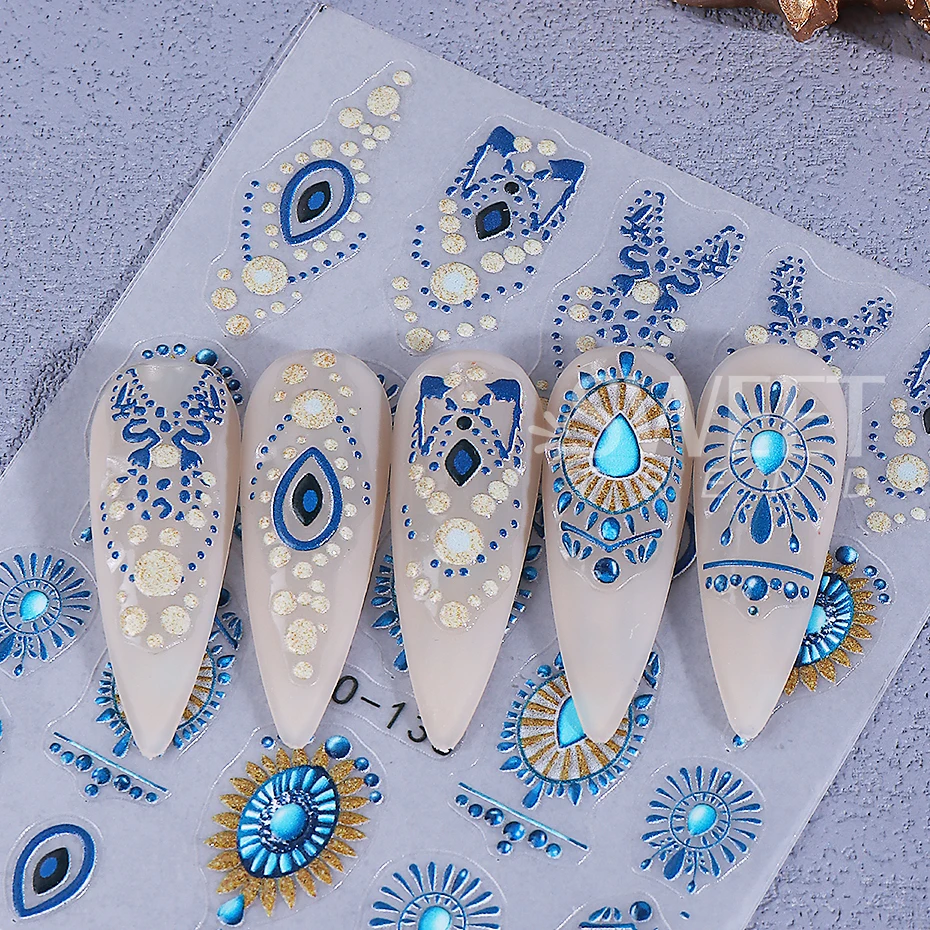 2pcs Nail Art Stickers White Blue Totem Petals Pattern Self-adhesive Nail Decals Bohemian Style DIY Manicure Decoration Sliders