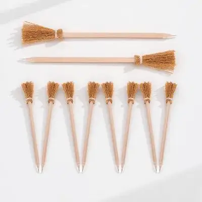 12Pcs 마녀 빗자루 연필 나무 할로윈 파티 선물 학교 보상 할로윈 사무용품 마녀 빗자루 모양 참신한 펜