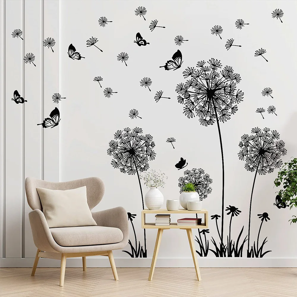 Black Dandelion Wall Stickers Butterflies Wall Living Room Bedroom Glass Window Decoration Mural Art Home Decor Decals wall stickers window stickers