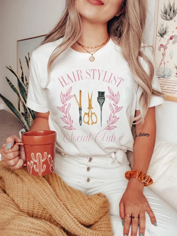 

Fashion Clothing Hairstylist Printed Fun Pattern T-Shirt O-Neck Women's Short Sleeved Cute Versatile Style Clothing T-Shirt.