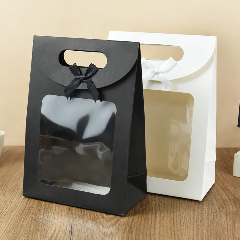 5pcs Black/White Gift Bags With Clear Window Kraft Paper Bag With