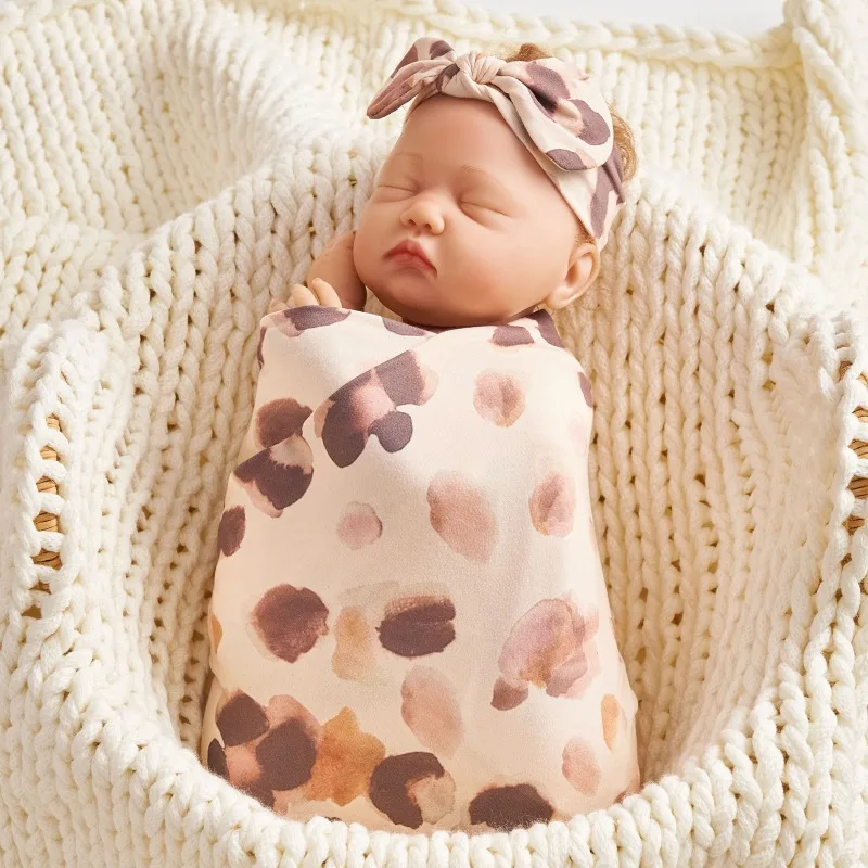 BabySwaddleWrapBlanketWithHatHeadbandSetFlowerPrintedSwaddle