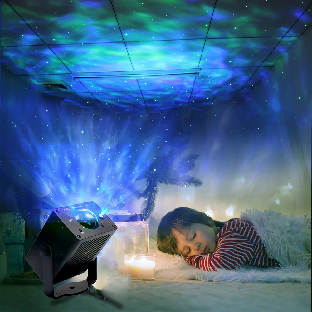 LED Starry Nebula Wave Projector Bedroom Decor Projection Atmosphere  Night Light  Sound Control Laser  Strobe Water Ripple Lamp