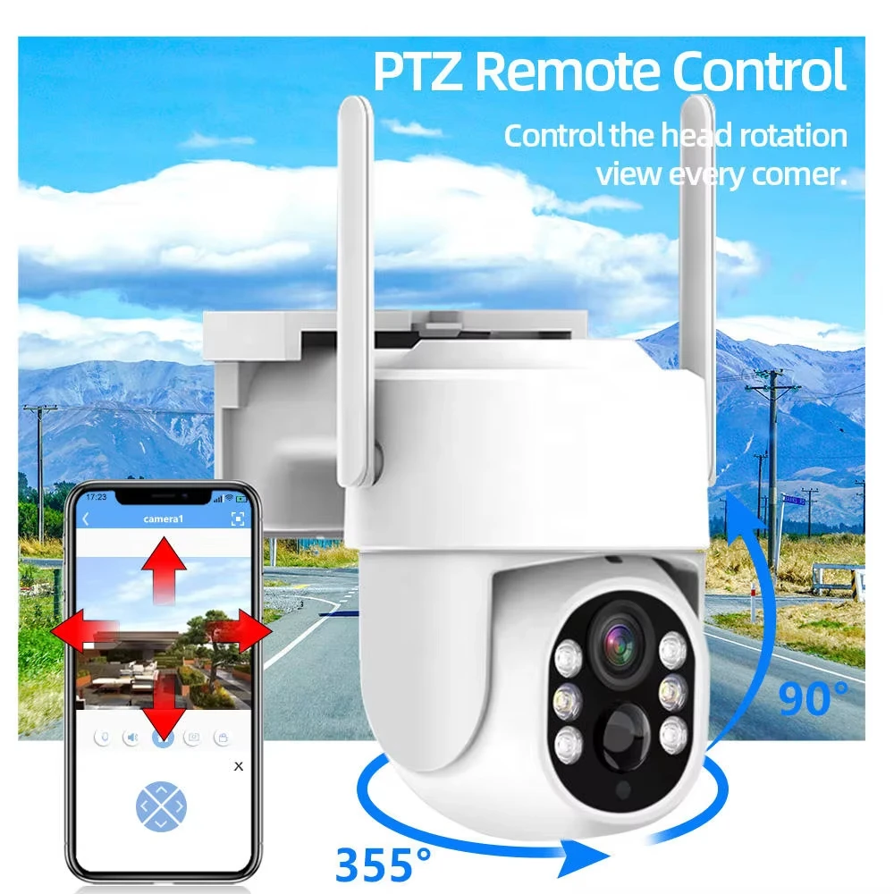 16채널 NVR 5MP 와이파이 태양광 PTZ 카메라 키트 실외 무선 PIR 감지 보안 감시 카메라 세트 사이렌 알람 양방향 오디오