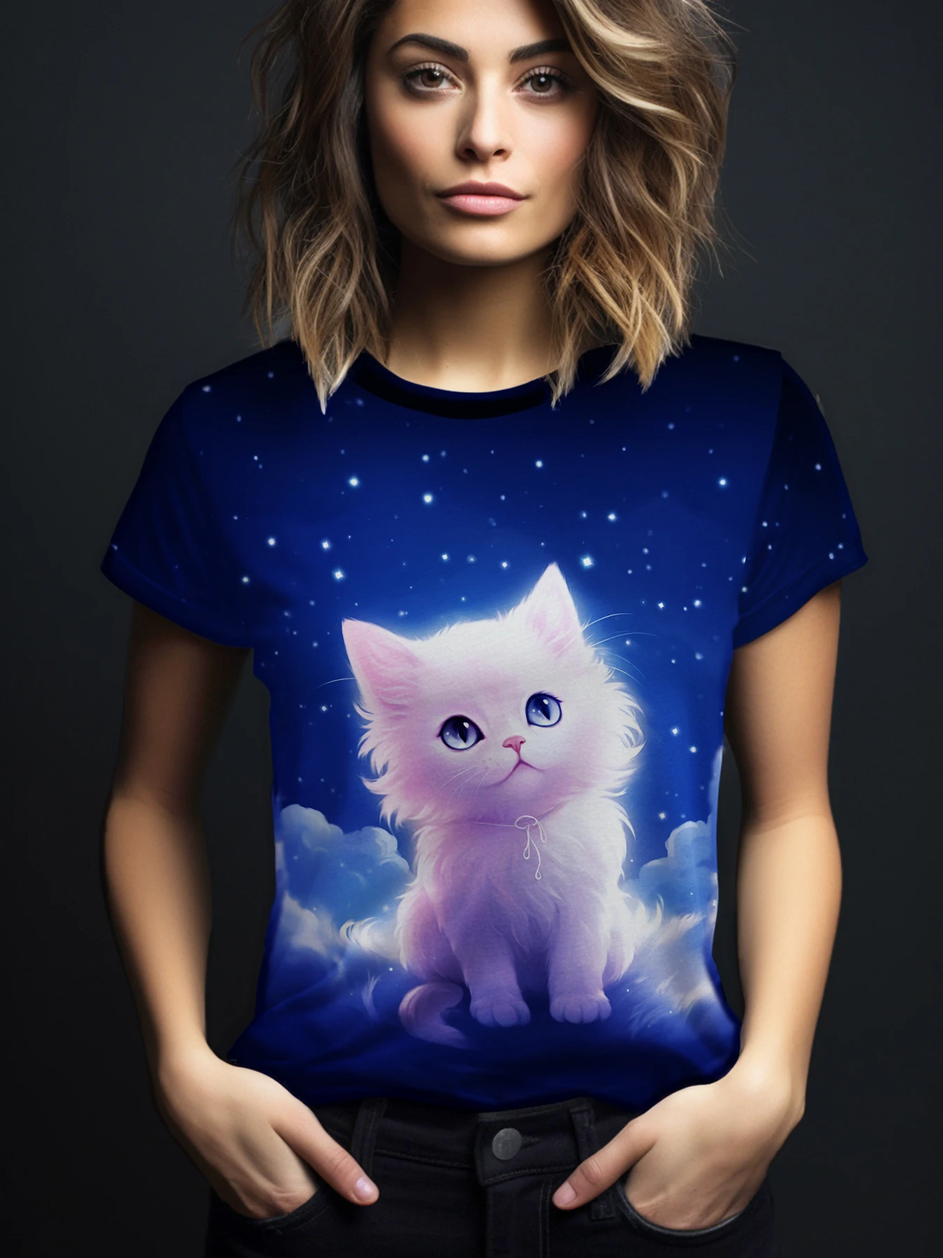 

Футболка с кошачьим принтом 3D, повседневный топ с коротким рукавом и круглым вырезом для весны и лета, женская одежда 180 г, качество молочного шелка