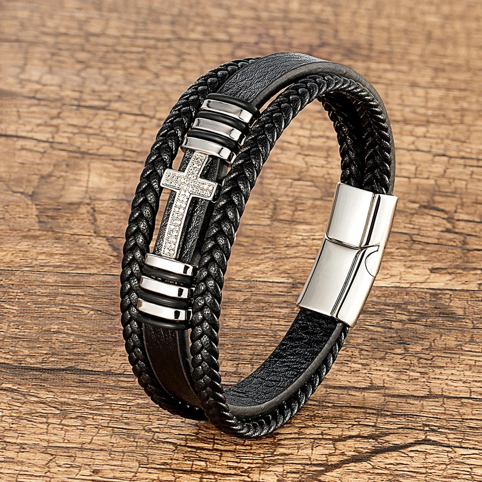 Klassische Jesus Kreuz Charme Zirkonia Männer Armband Schwarz Gewebt Ler Seil Kette Armbänr Für Frauen Elstahl Schmuck
