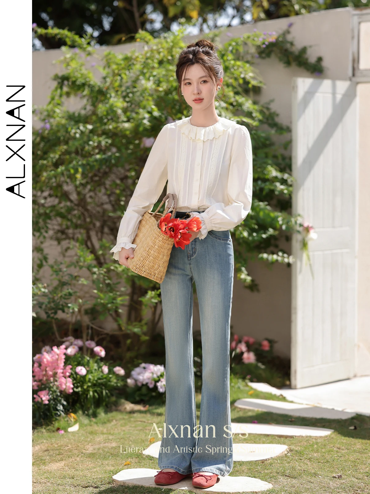 ALXNAN 여성용 캐주얼 루즈 단추 업 코튼 셔츠, 단색 단추 업 긴팔 블라우스 탑, 2024 용수철 여름, L33836