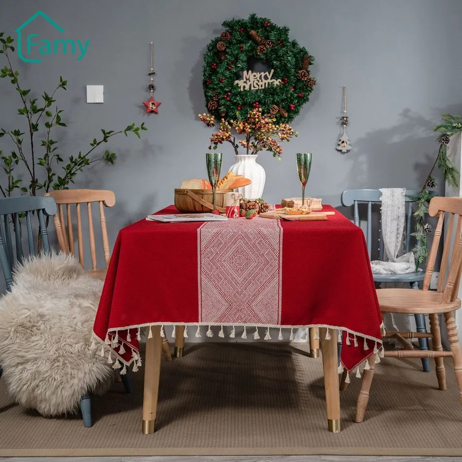 

New Year Tablecloth Christmas Decoration Red Table Cloth Polyester Fabric Rectangular Picnic BBQ Coffee Table Cover Mat