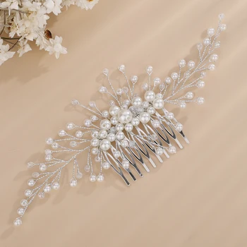 Trendy Pearl Bridal Hair Comb Silver Crystal Headpiece for Women Handmade Party Wedding Head Accessories Jewelry Hair Ornaments