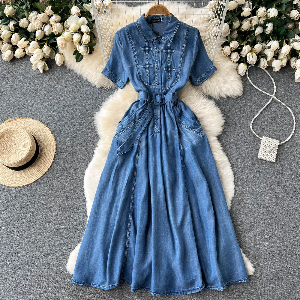 

Spring Summer 2022 New Women Fashion Embroidered Denim Dress Lapel Short Sleeve Jeans Clothing Vintage Vestidos De Mujer E114
