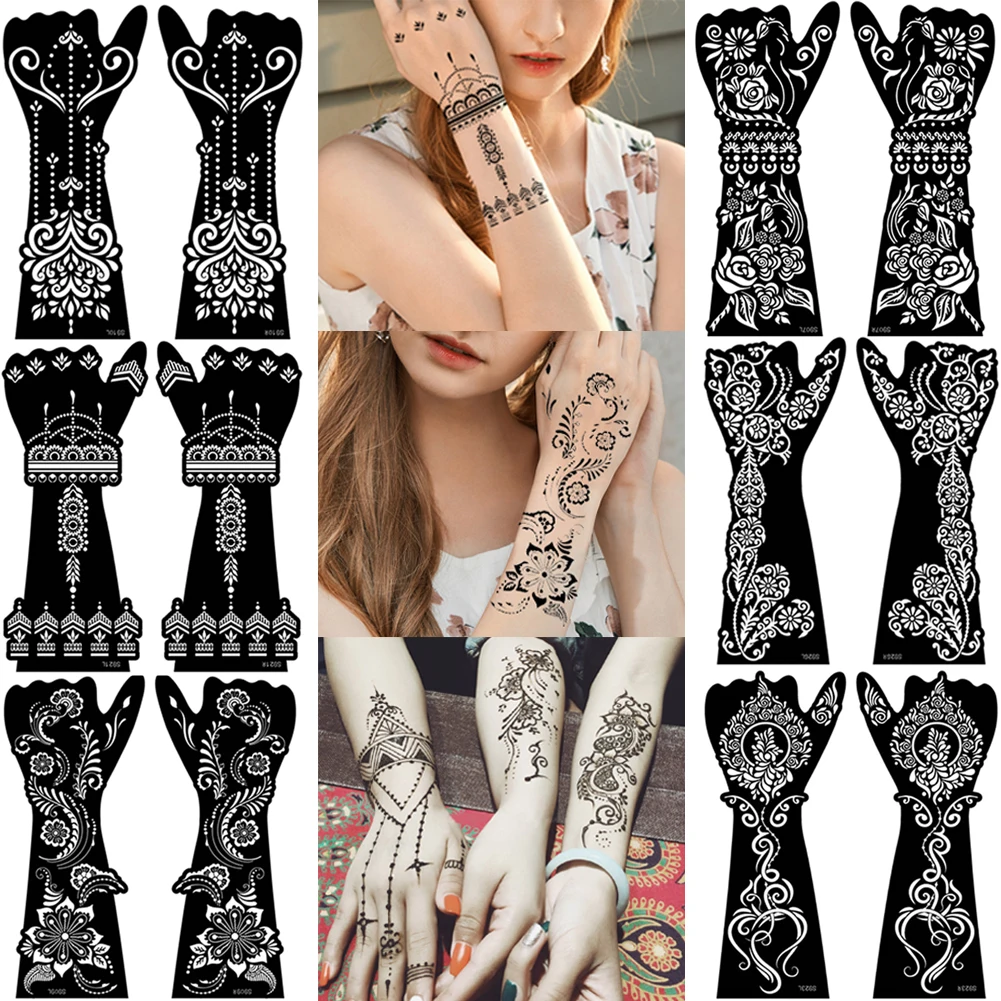 1Pair Henna Stencils Reusable Full Hand Finger Tattoo Template Wedding Tool  India Arabic Flower Mandala Stencil Arm Professional - AliExpress