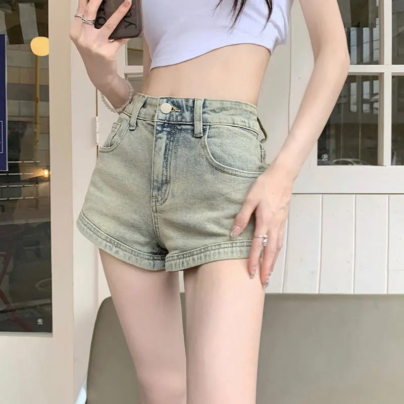 Summer Denim Shorts Women Vintage Zipper Pocket High Waist Short Jeans Female Casual Straight Leg Short Pants Mujer Hotpants New