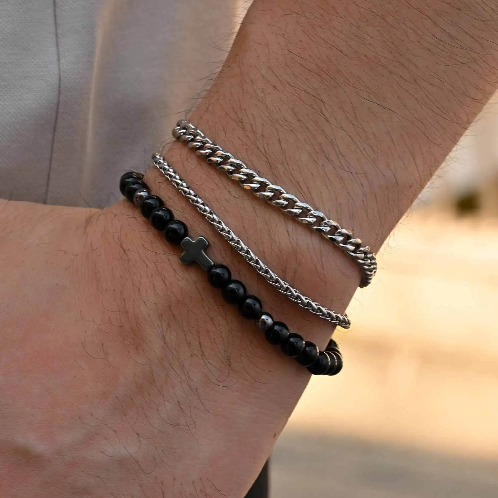 3pcs/set Men's Cross Bracelet,Waterproof Stainless Steel Cuban Chain Wristband,Gift for Husband Dad BBF Son