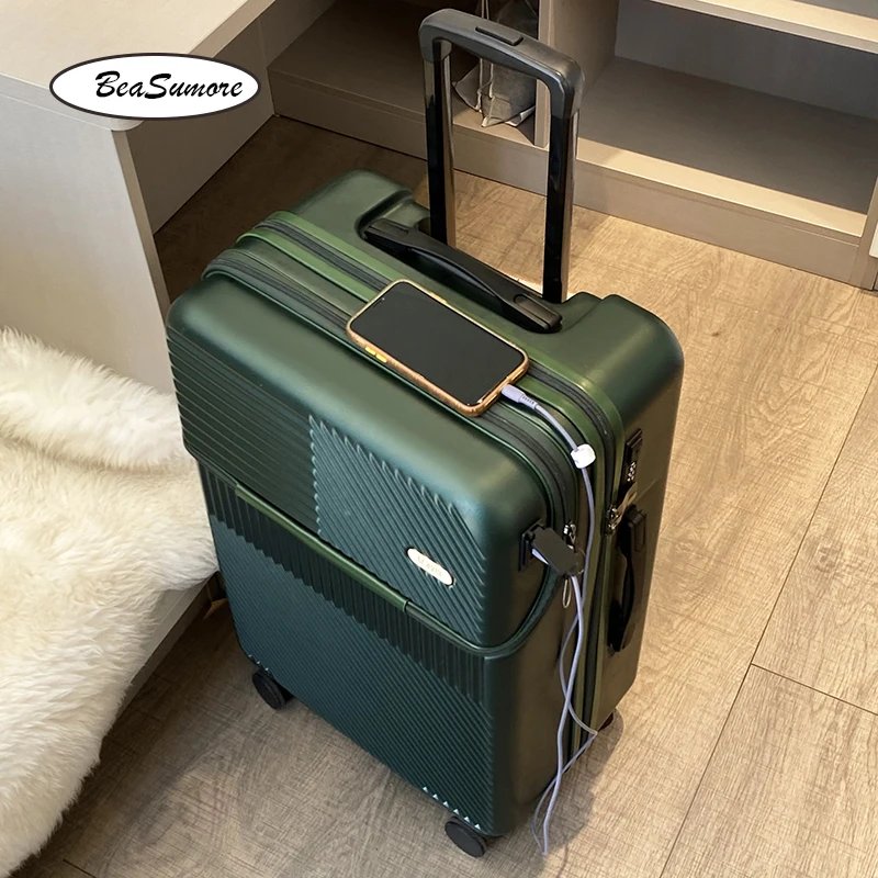 BeaSumore Front opening USB Rolling Luggage Spinner 20 inch Suitcase Wheel Cabin Trolley Women's Handbag Travel Bag Travel Bag Pull Bar Suitcase