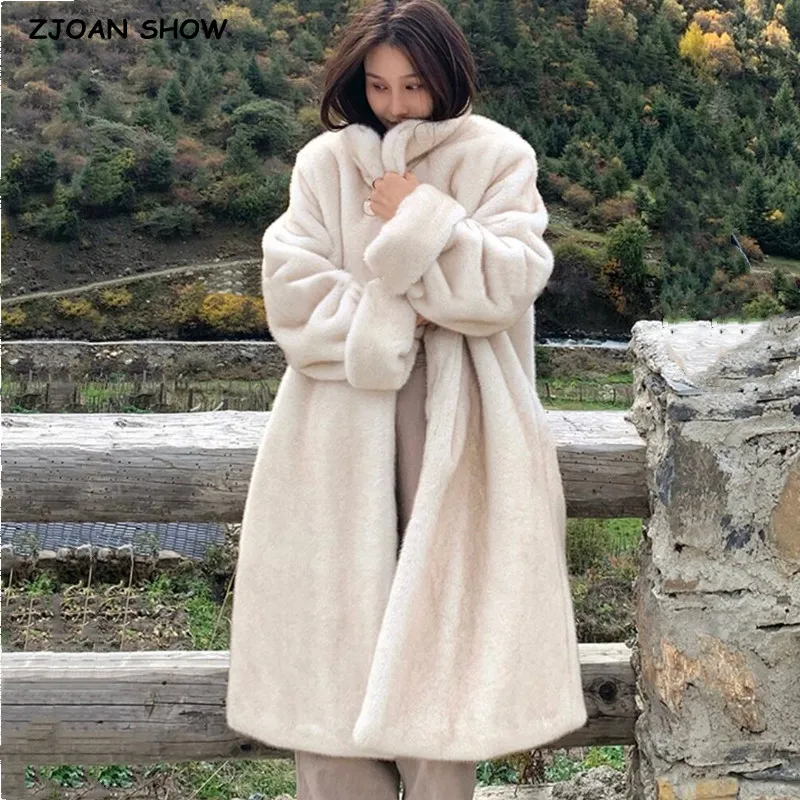 

Winter White with Dark color Tips Hairy Shaggy Mink Faux Fur Coat Long Sleeve Furry Jacket Women Stand Collar Midi Outerwear